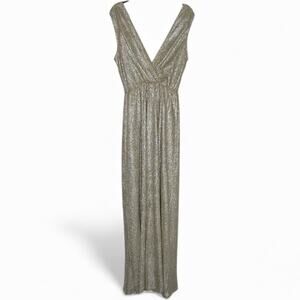 Gold Metallic Shimmer Maxi Gown • Deep V Formal Dress • Prom Gala Holiday Glam